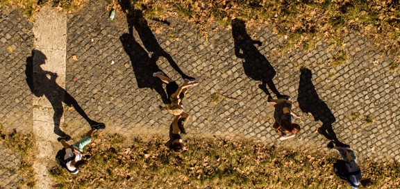 students walking on stone path